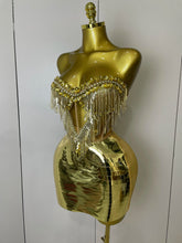 Sparkly Gold Rhinstones tassels Top Skirt Two-piec Set 2025 Women Sexy Strapless Designer Nightclub Evening Party Stage Outfit